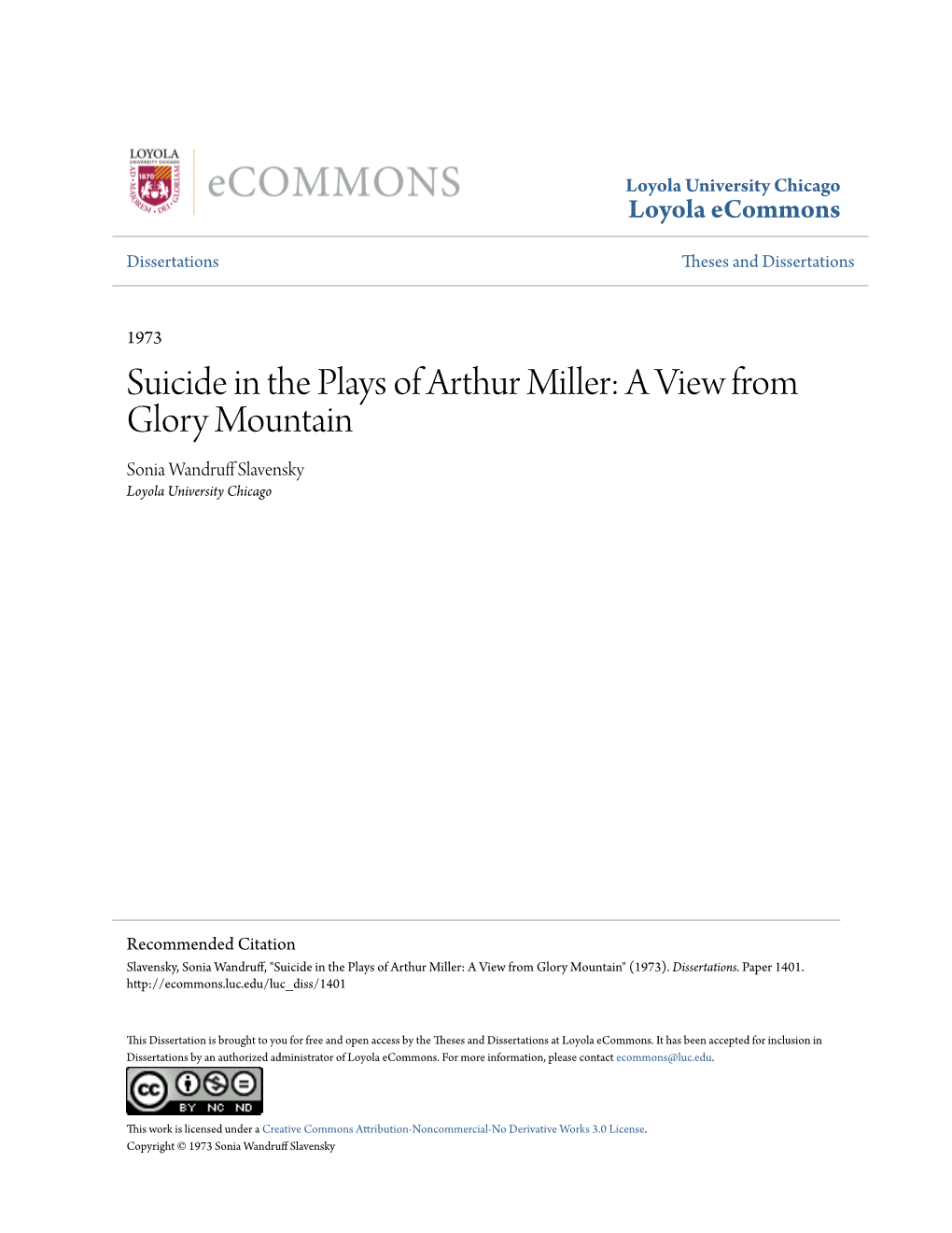 Suicide in the Plays of Arthur Miller: a View from Glory Mountain Sonia Wandruff Ls Avensky Loyola University Chicago