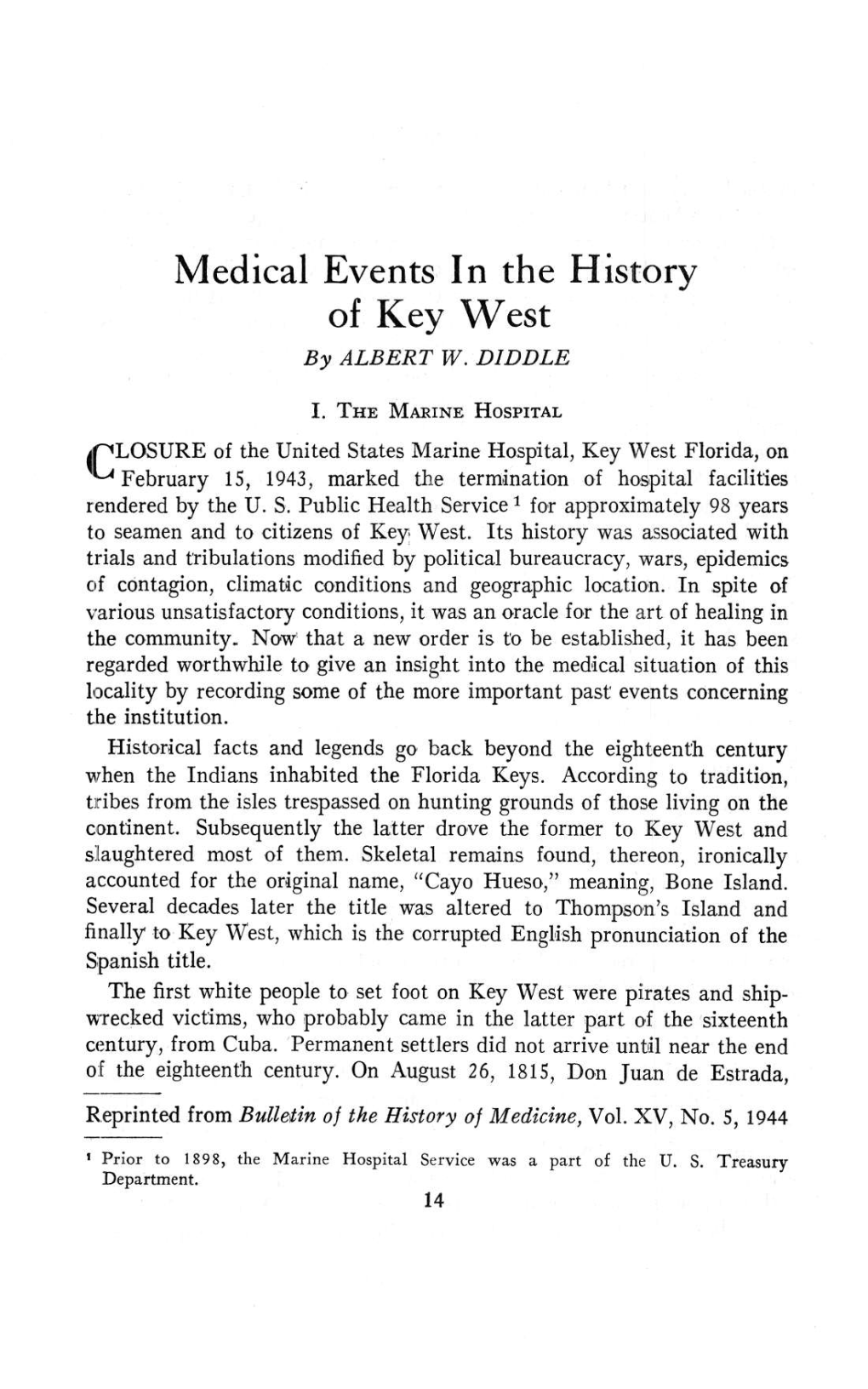 Medical Events in the History of Key West, Tequesta: Number 6/1946, Pages 14-37