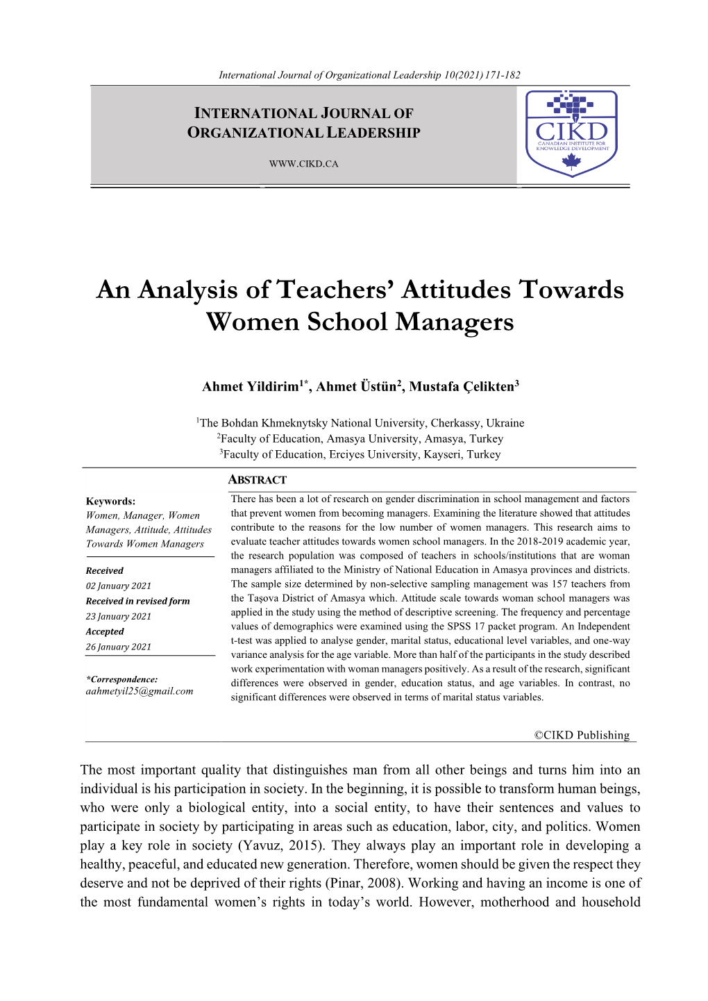 An Analysis of Teachers' Attitudes Towards Women School Managers