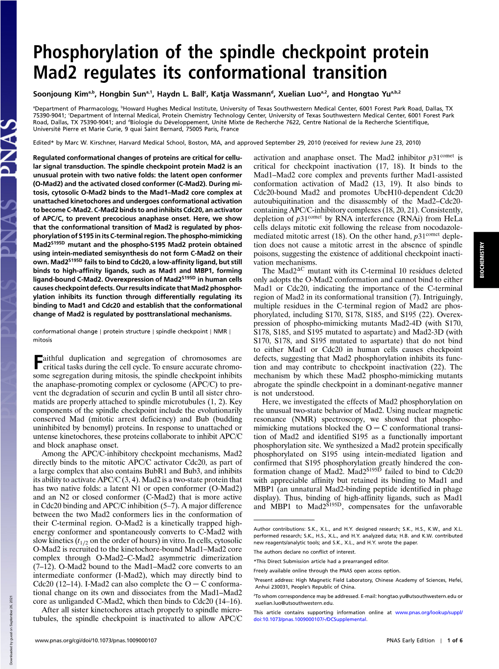 Phosphorylation of the Spindle Checkpoint Protein Mad2 Regulates Its Conformational Transition