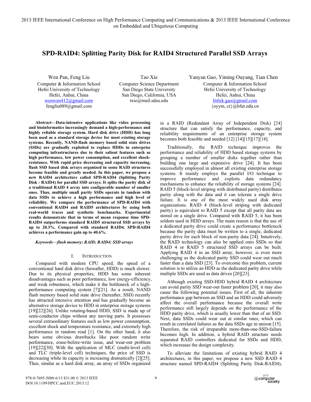 SPD-RAID4: Splitting Parity Disk for RAID4 Structured Parallel SSD Arrays