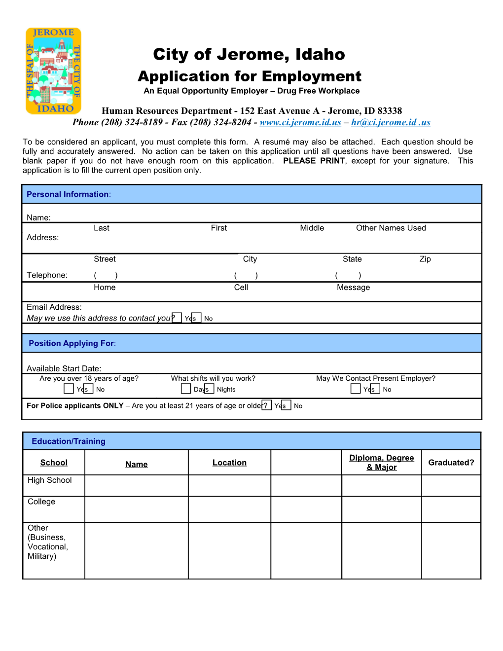 Employment Application Form - Sample