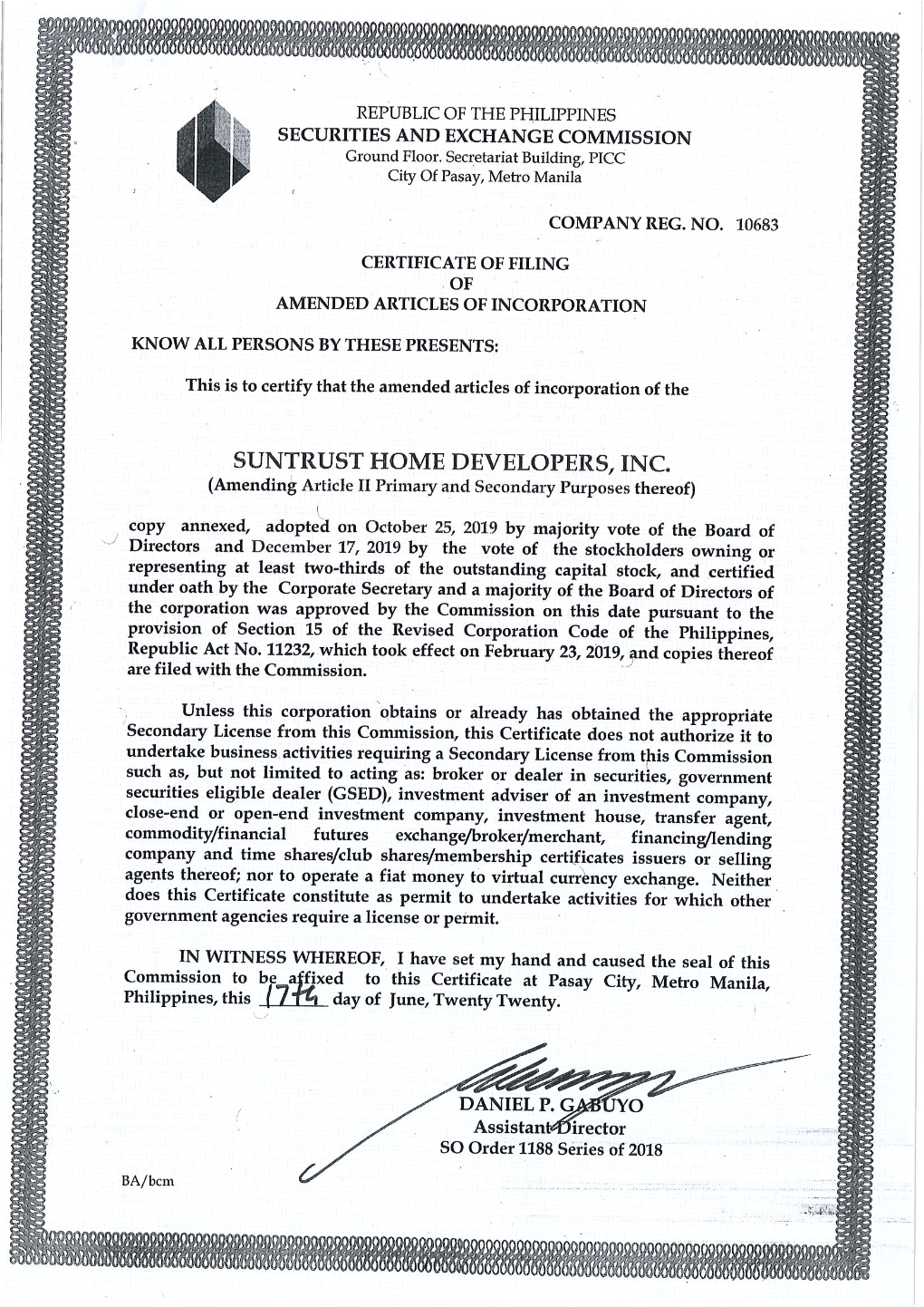 1. Amended Articles of Incorporation June 2020