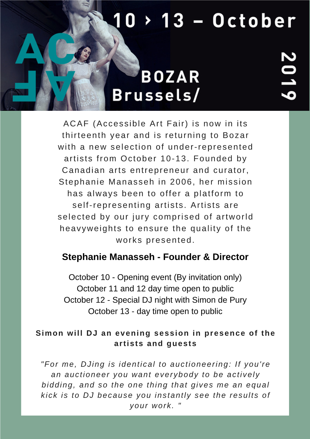 ACAF (Accessible Art Fair) Is Now in Its Thirteenth Year and Is Returning to Bozar with a New Selection of Under-Represented Artists from October 10-13