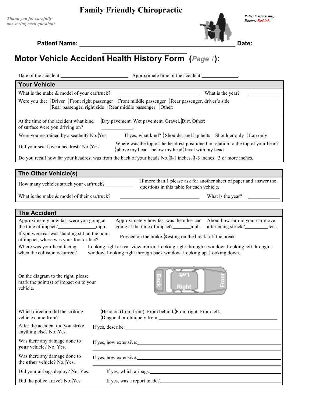 Motor Vehicle Accident Health History Form (Page 1)