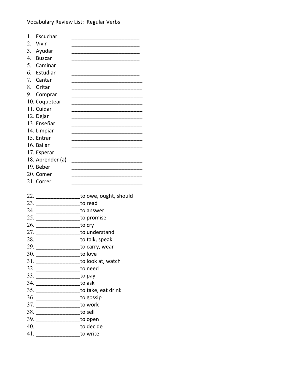 Vocabulary Review List: Regular Verbs