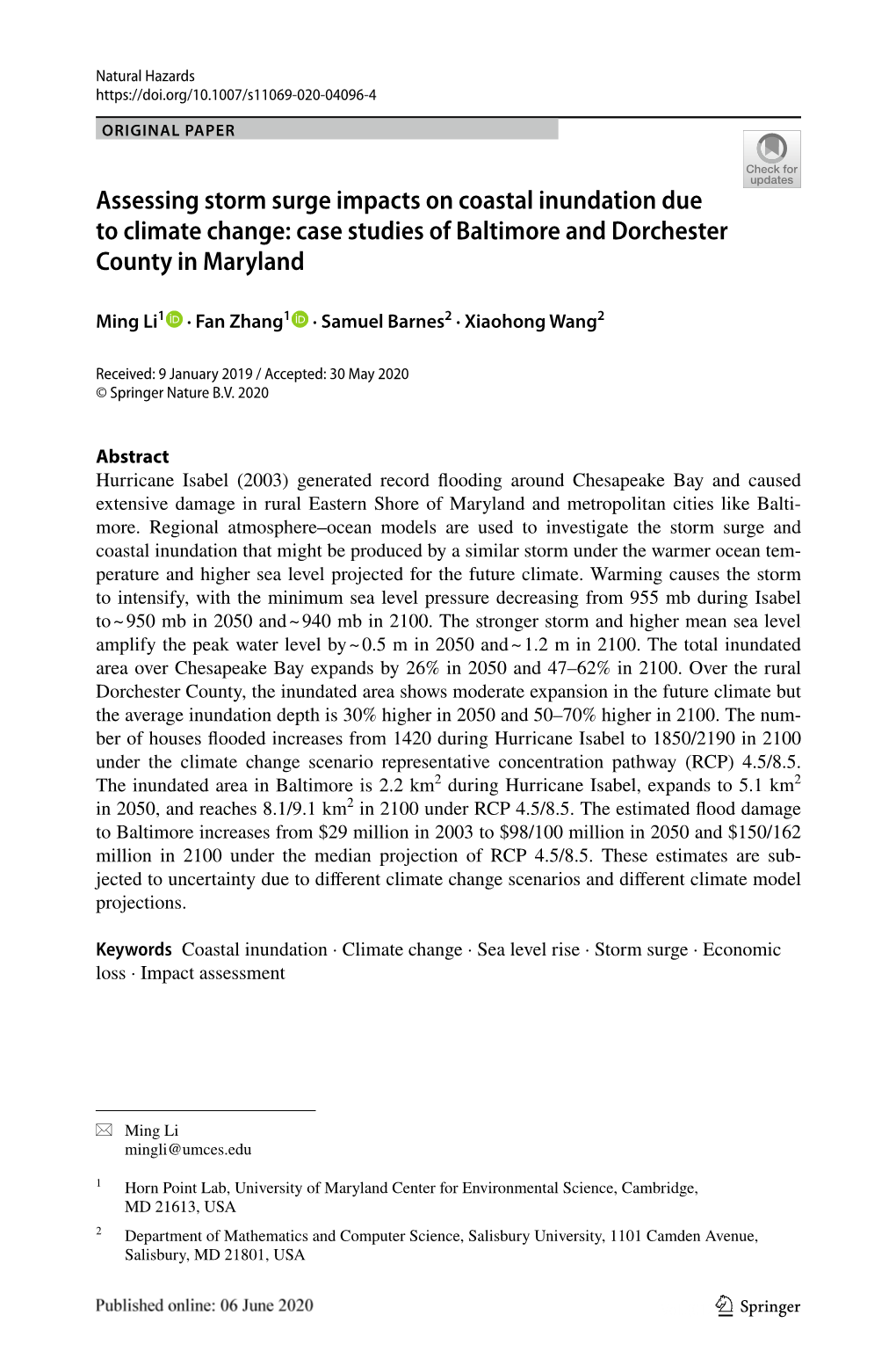 Assessing Storm Surge Impacts on Coastal Inundation Due to Climate Change: Case Studies of Baltimore and Dorchester County in Maryland