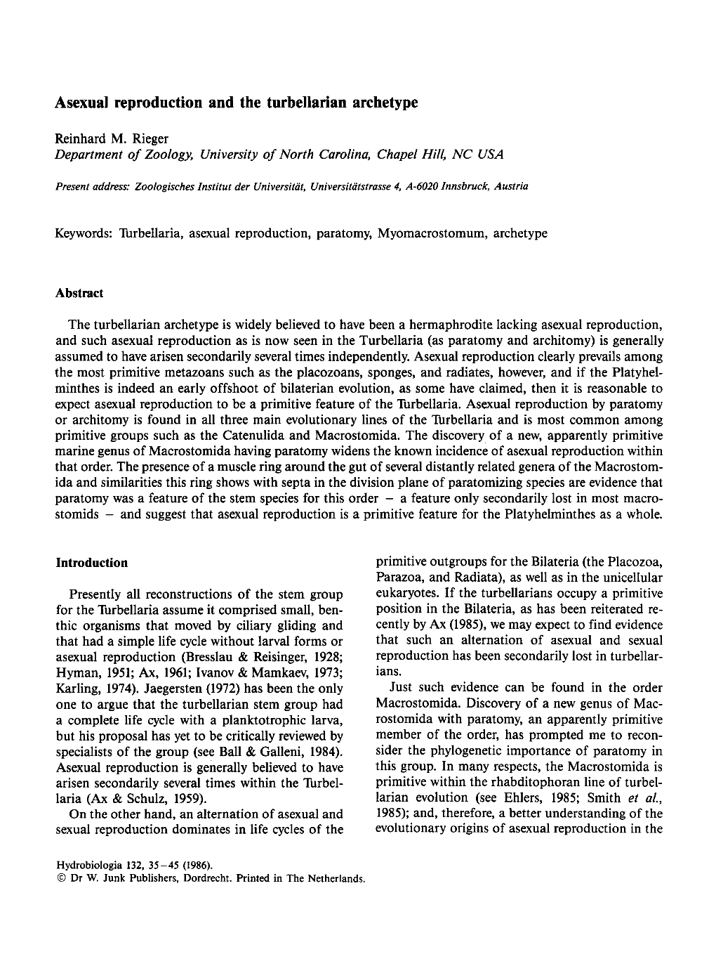 Asexual Reproduction and the Turbellarian Archetype