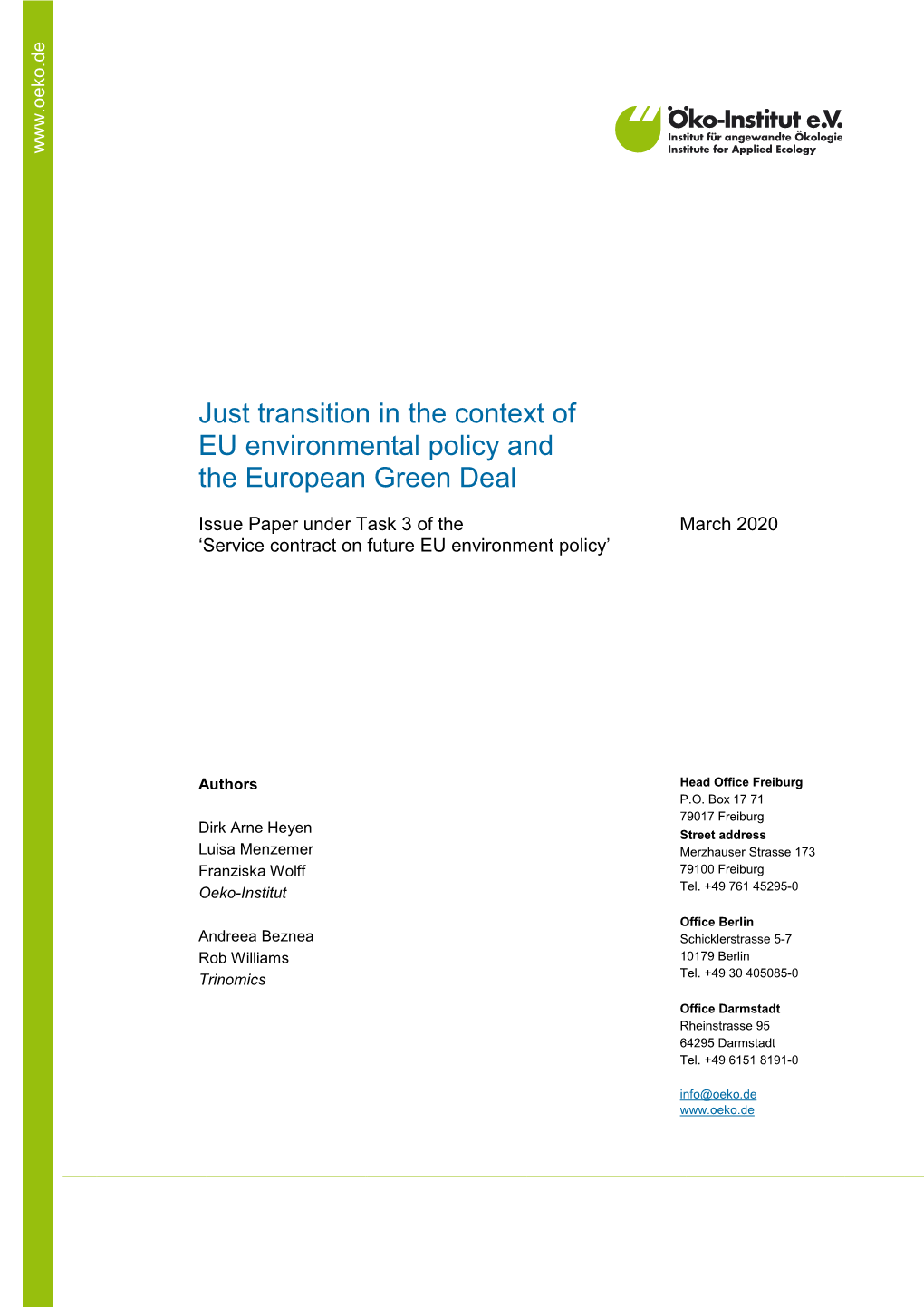 Just Transition in the Context of EU Environmental Policy and the European Green Deal