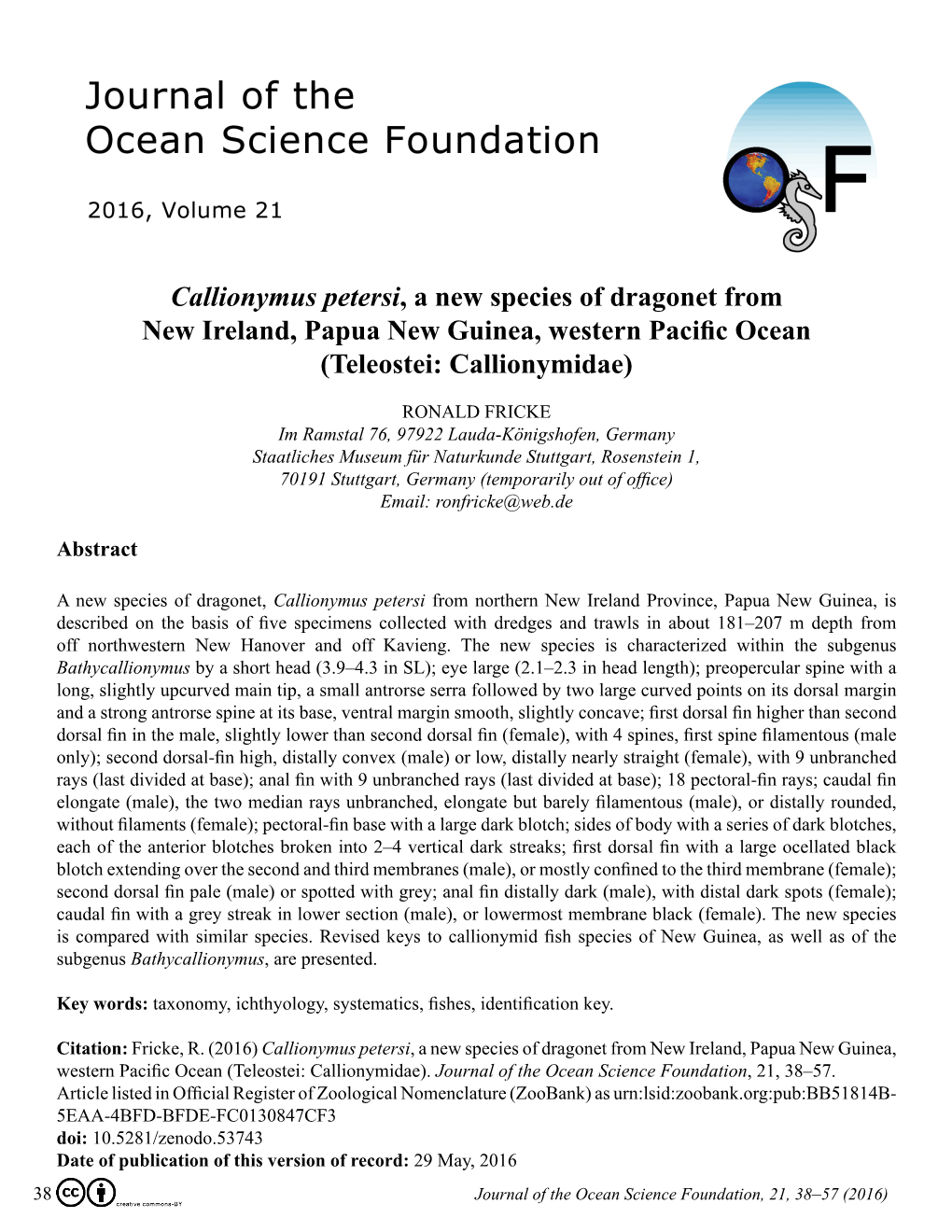 Callionymus Petersi, a New Species of Dragonet from New Ireland, Papua New Guinea, Western Pacific Ocean (Teleostei: Callionymidae)