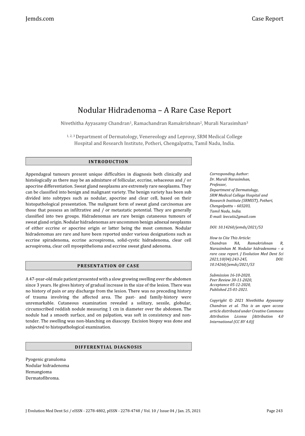 Nodular Hidradenoma – a Rare Case Report