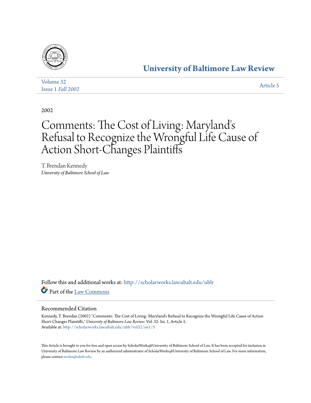 Maryland's Refusal to Recognize the Wrongful Life Cause of Action Short-Changes Plaintiffs T