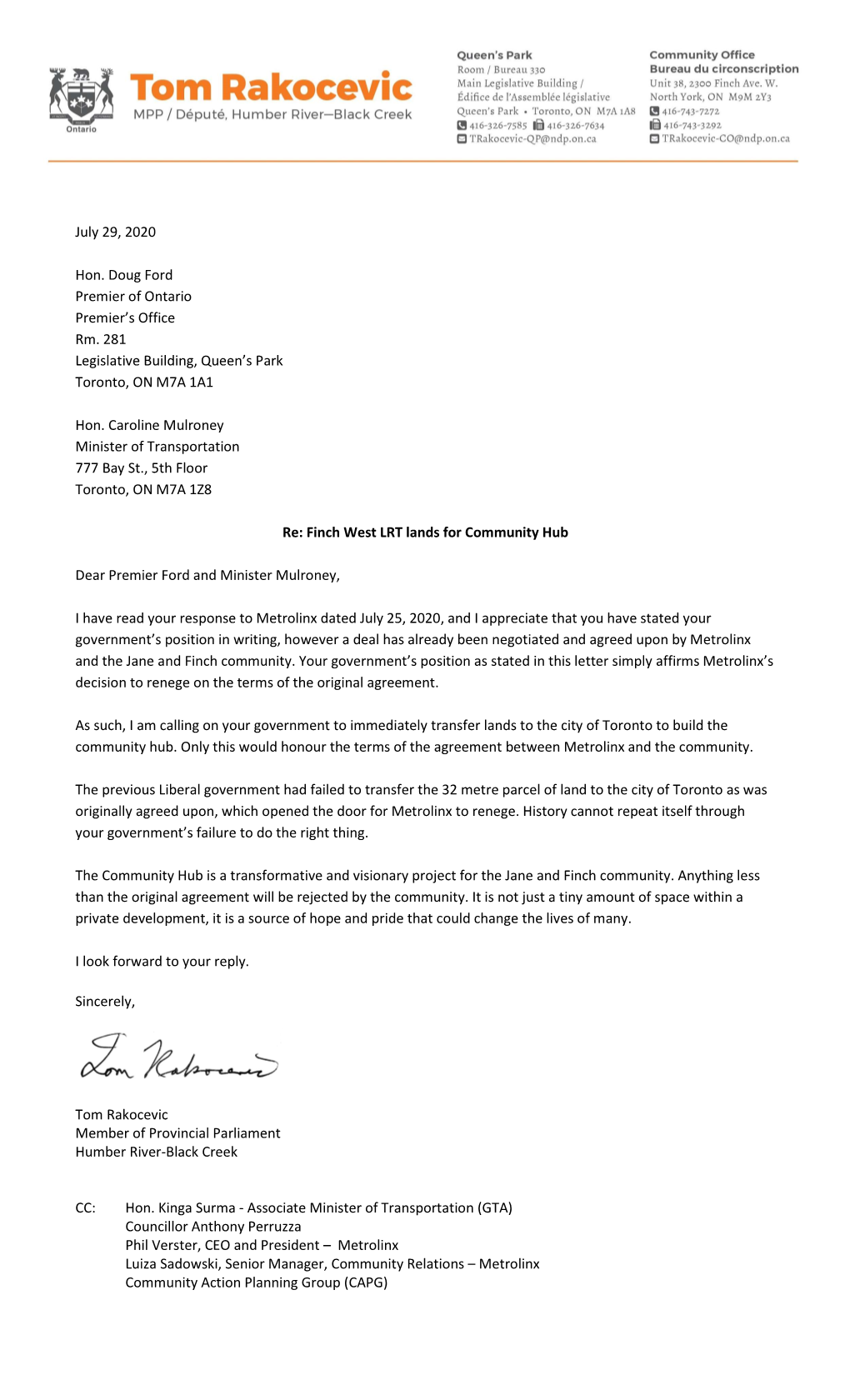 Letter to Premier Ford and Transportation Minister Mulroney