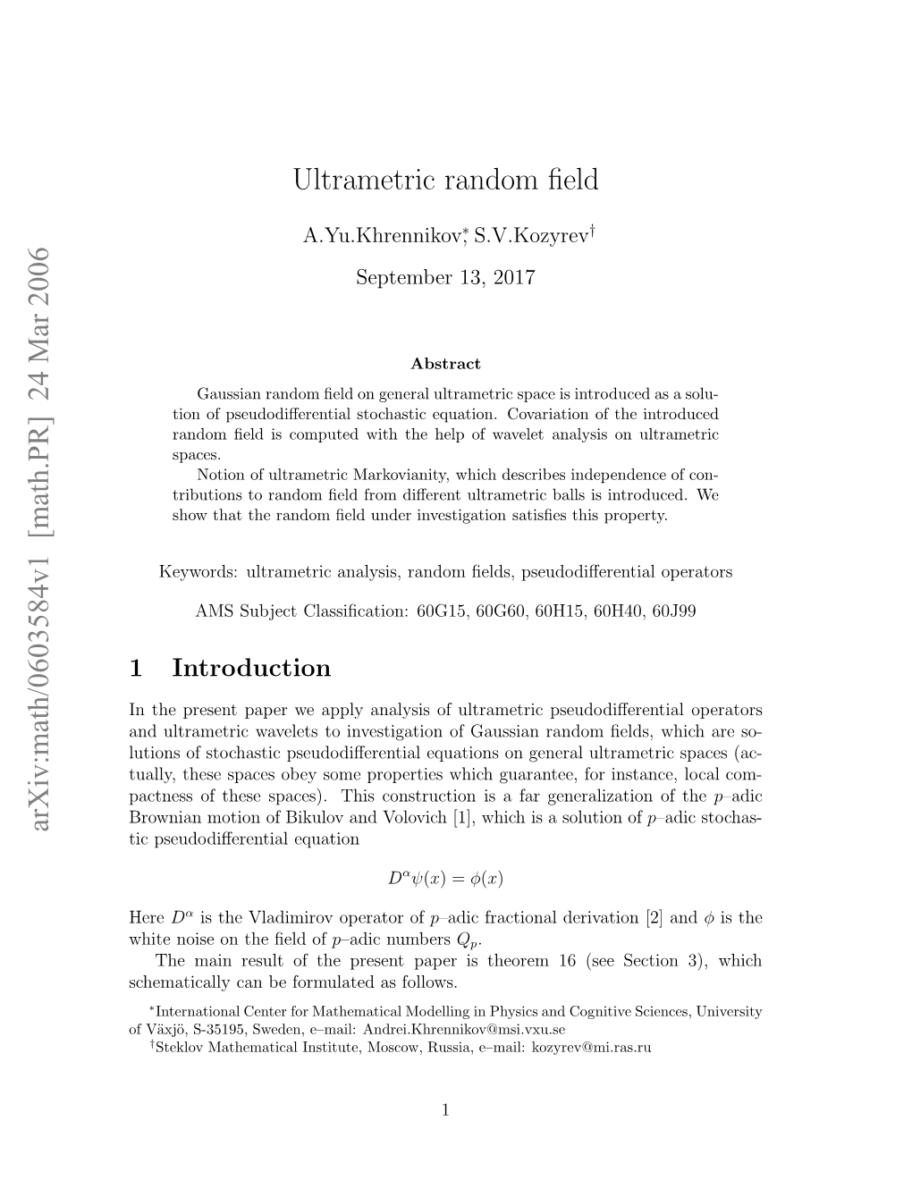 [Math.PR] 24 Mar 2006 Ultrametric Random Field