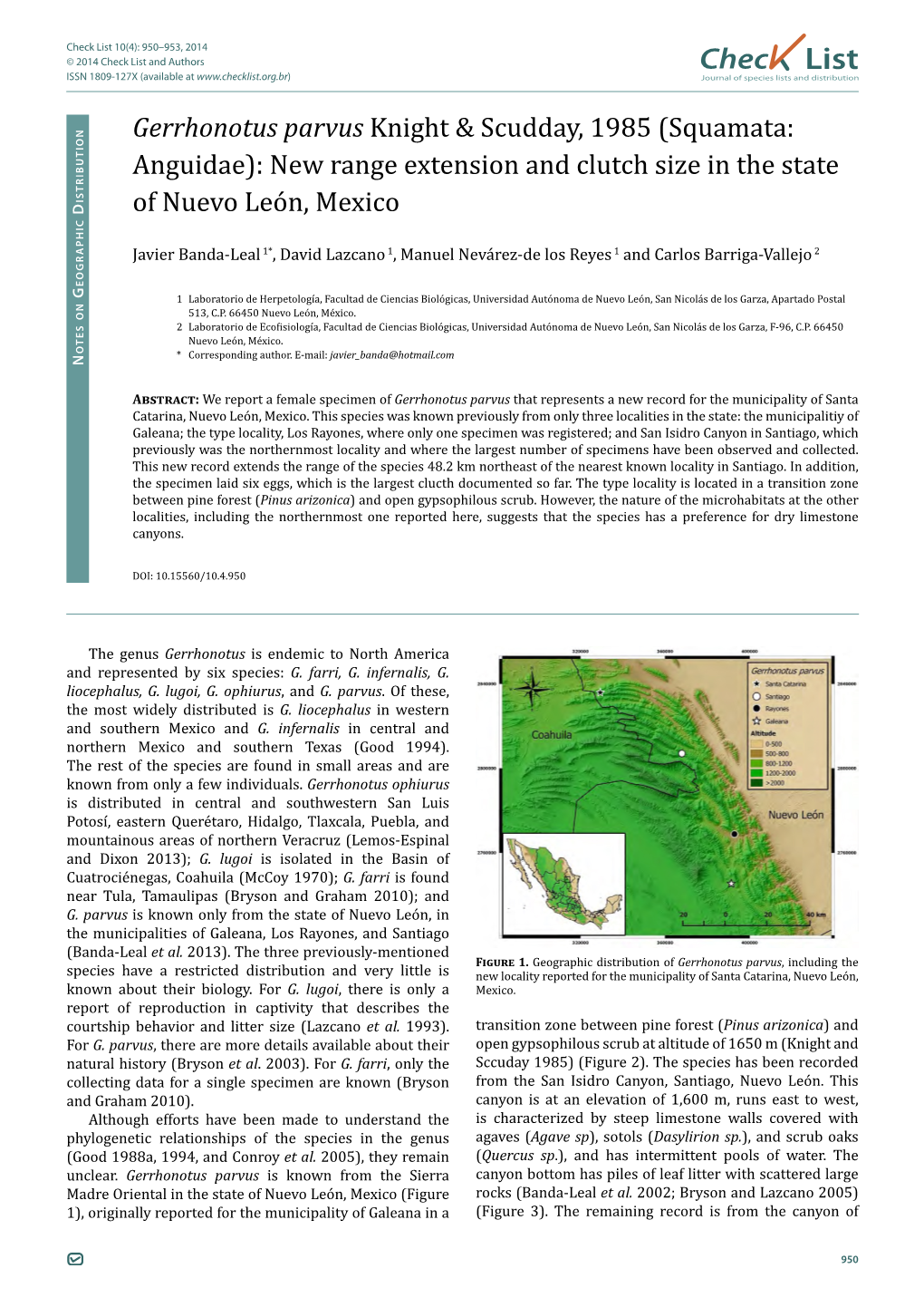 Gerrhonotus Parvus Knight & Scudday, 1985 (Squamata: Anguidae): New Range Extension and Clutch Size in the State