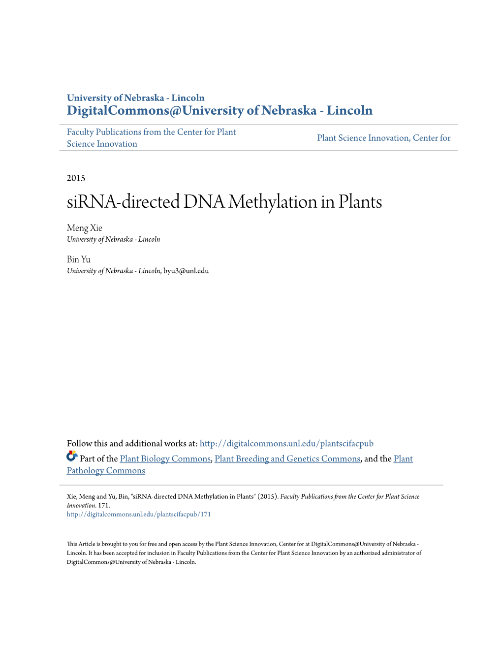 Sirna-Directed DNA Methylation in Plants Meng Xie University of Nebraska - Lincoln