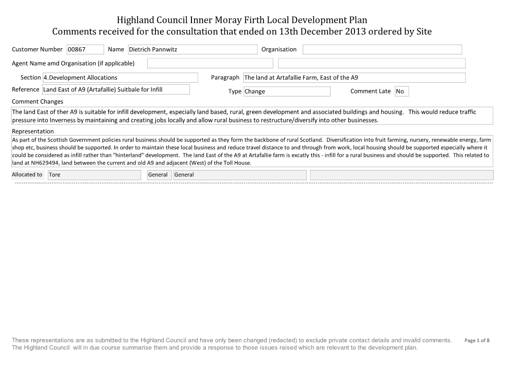 Highland Council Inner Moray Firth Local Development Plan Comments Received for the Consultation That Ended on 13Th December 2013 Ordered by Site