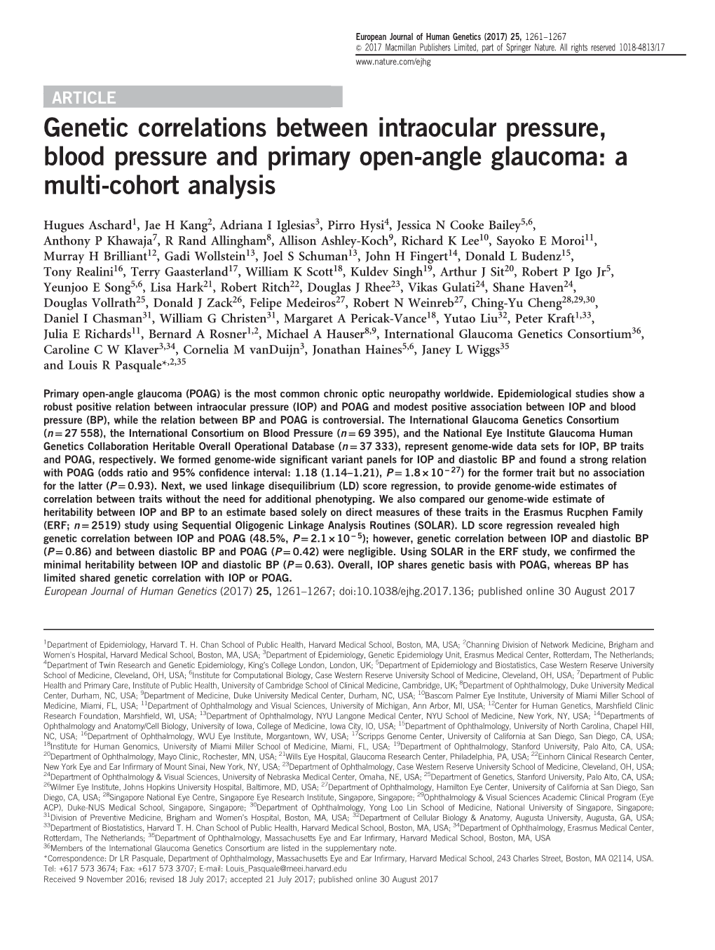 Genetic Correlations Between Intraocular Pressure, Blood Pressure and Primary Open-Angle Glaucoma: a Multi-Cohort Analysis