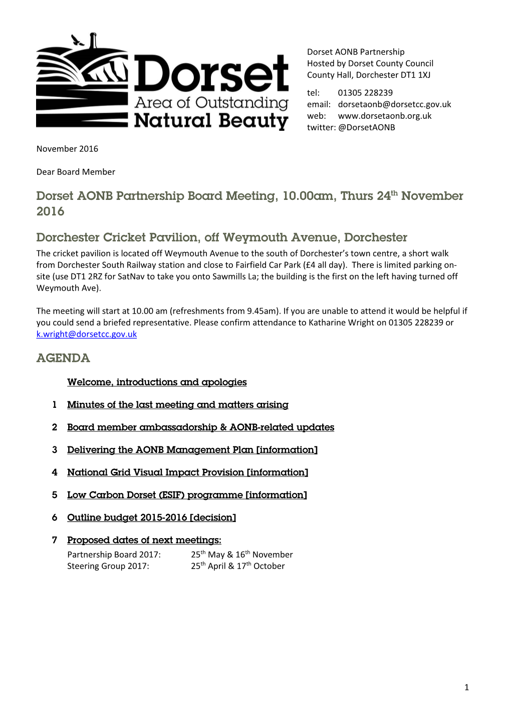 Dorset AONB Partnership Board Meeting, 10.00Am, Thurs 24Th November 2016