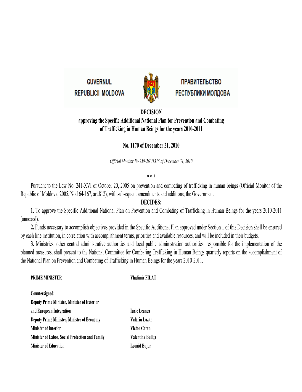 DECISION Approving the Specific Additional National Plan for Prevention and Combating of Trafficking in Human Beings for the Years 2010-2011