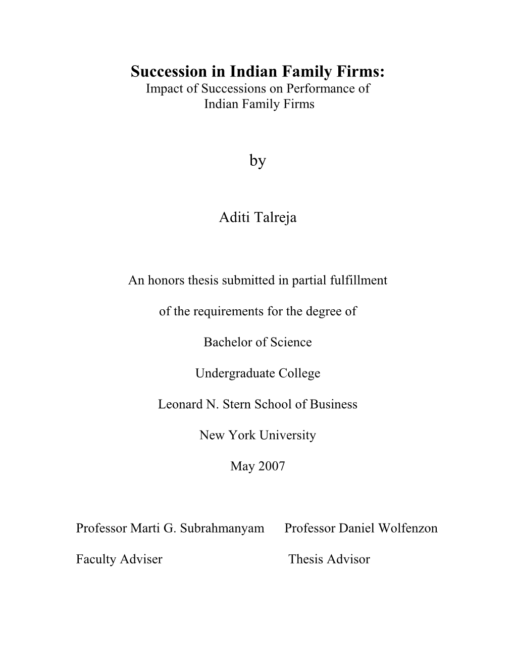 Succession in Indian Family Firms: Impact of Successions on Performance of Indian Family Firms