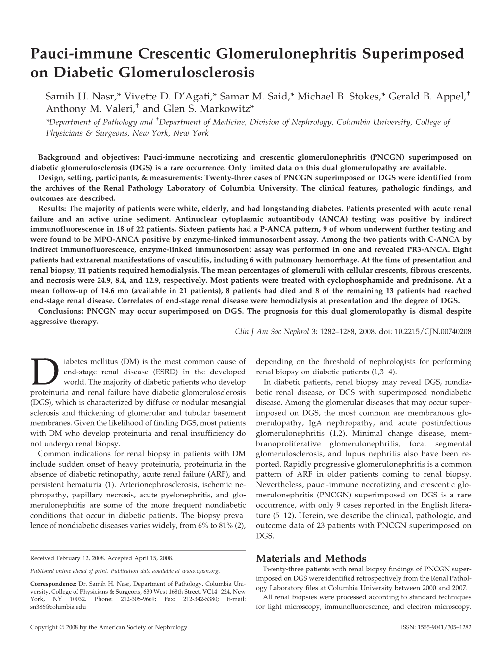 Pauci-Immune Crescentic Glomerulonephritis Superimposed on Diabetic Glomerulosclerosis