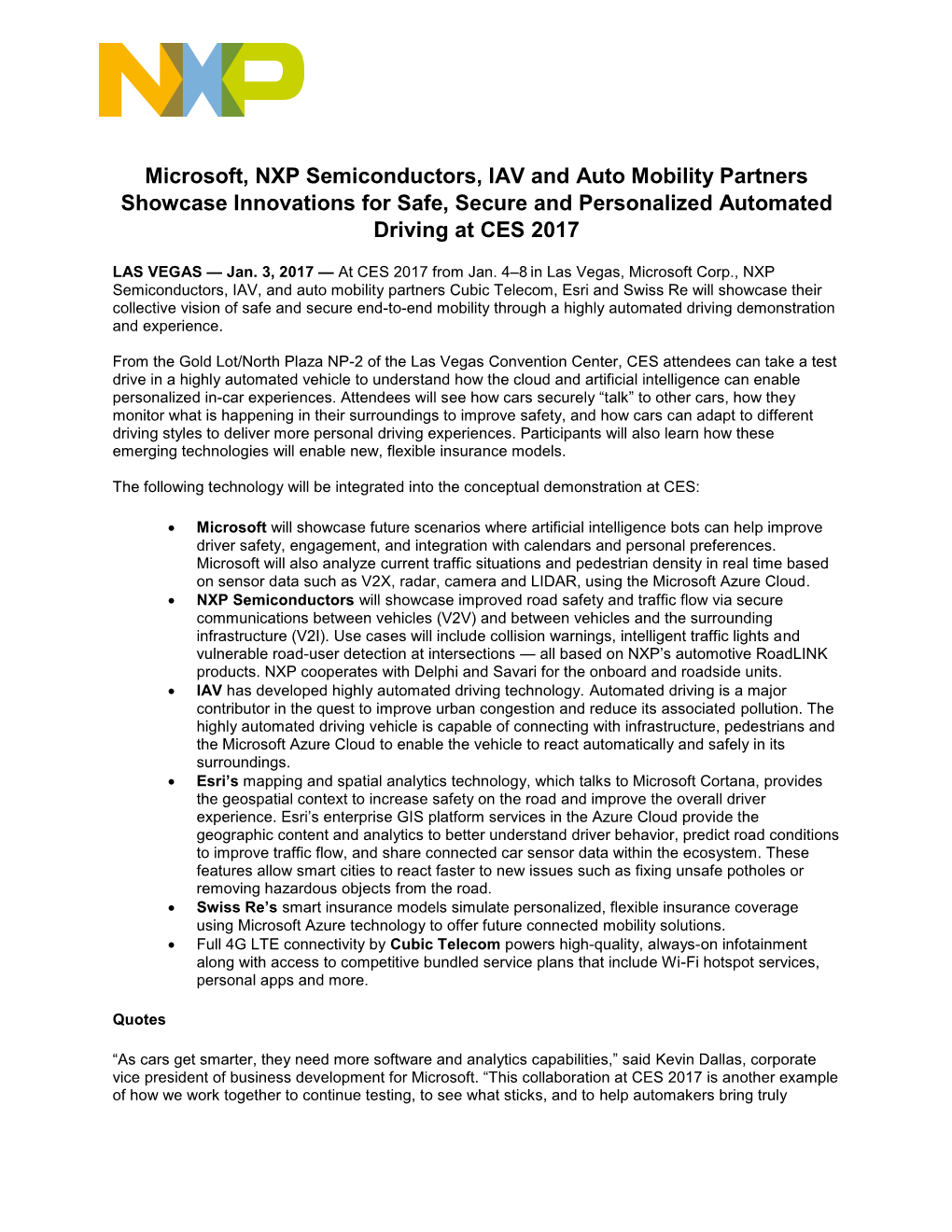 Microsoft, NXP Semiconductors, IAV and Auto Mobility Partners Showcase Innovations for Safe, Secure and Personalized Automated Driving at CES 2017