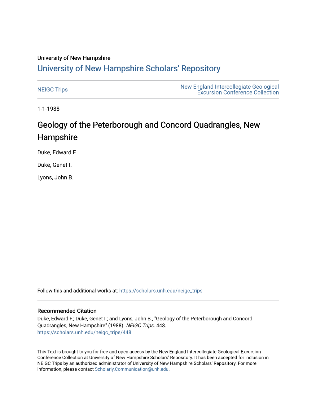 Geology of the Peterborough and Concord Quadrangles, New Hampshire