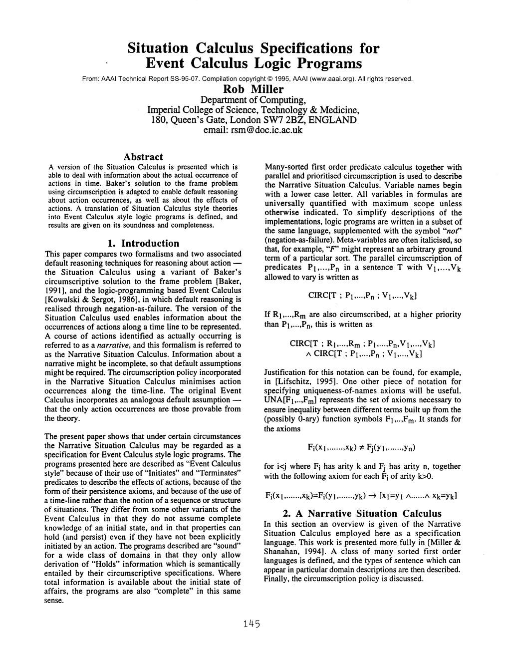 Situation Calculus Specifications for Event Calculus Logic Programs From: AAAI Technical Report SS-95-07