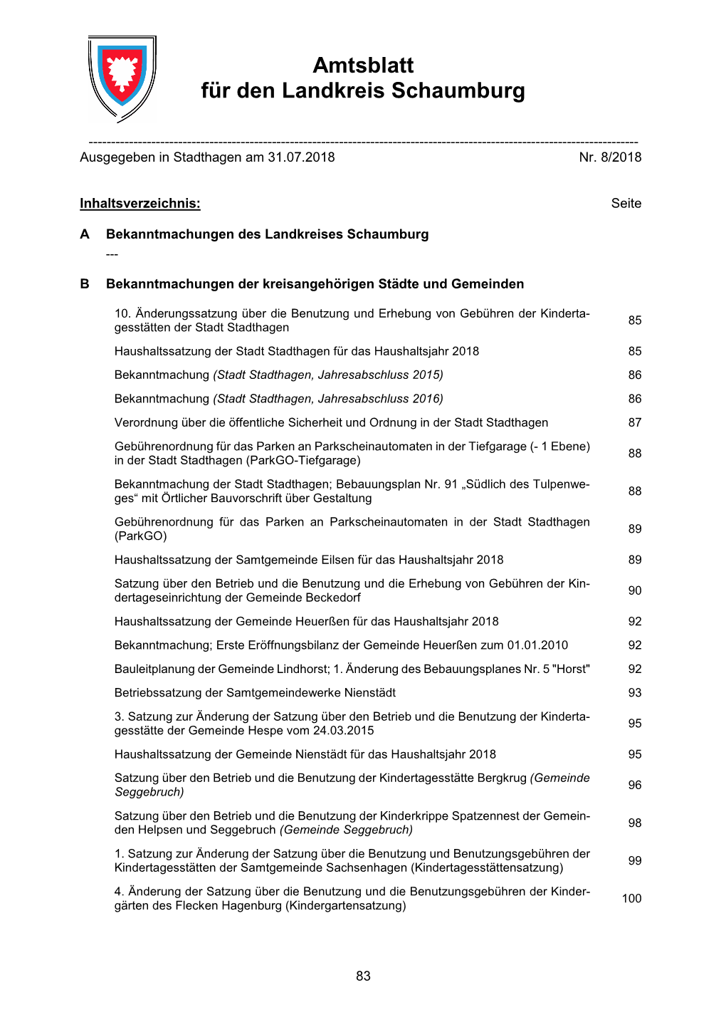 Amtsblatt Für Den Landkreis Schaumburg