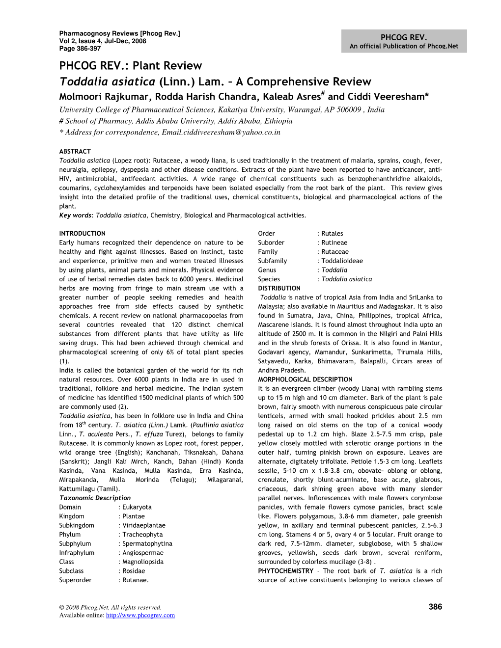 PHCOG REV.: Plant Review Toddalia Asiatica (Linn.) Lam