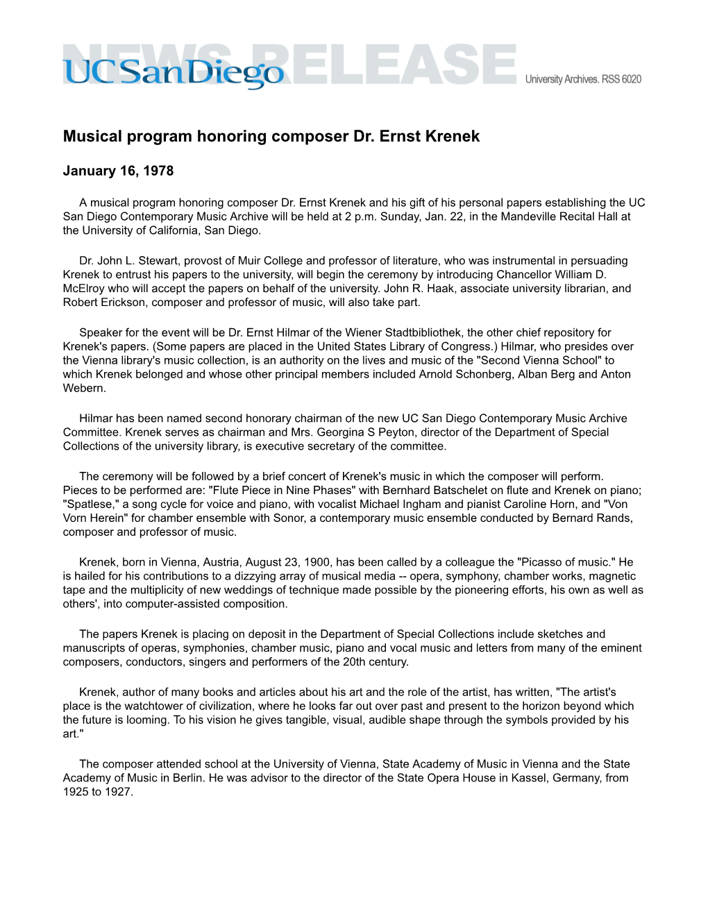 Musical Program Honoring Composer Dr. Ernst Krenek