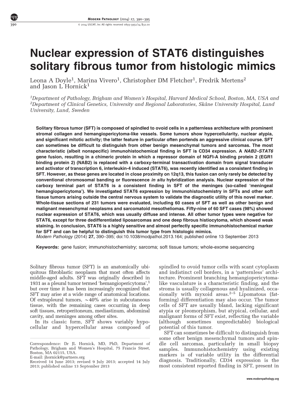 Nuclear Expression of STAT6 Distinguishes Solitary Fibrous Tumor