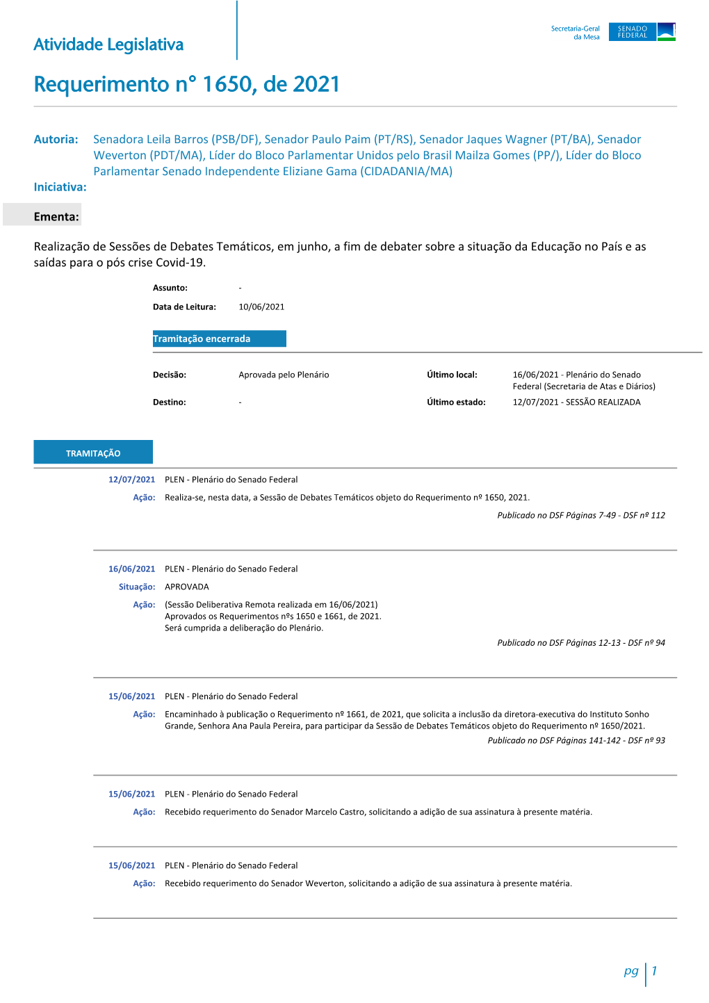 Atividade Legislativa Requerimento N° 1650, De 2021