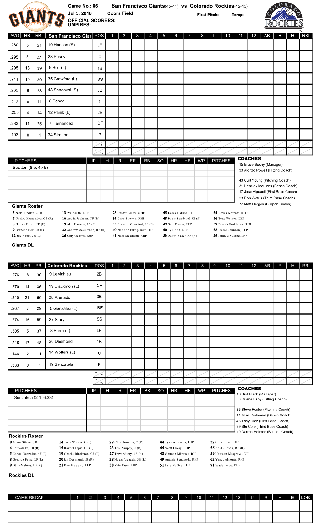 San Francisco Giants(45-41) Vs Colorado Rockies(42-43)