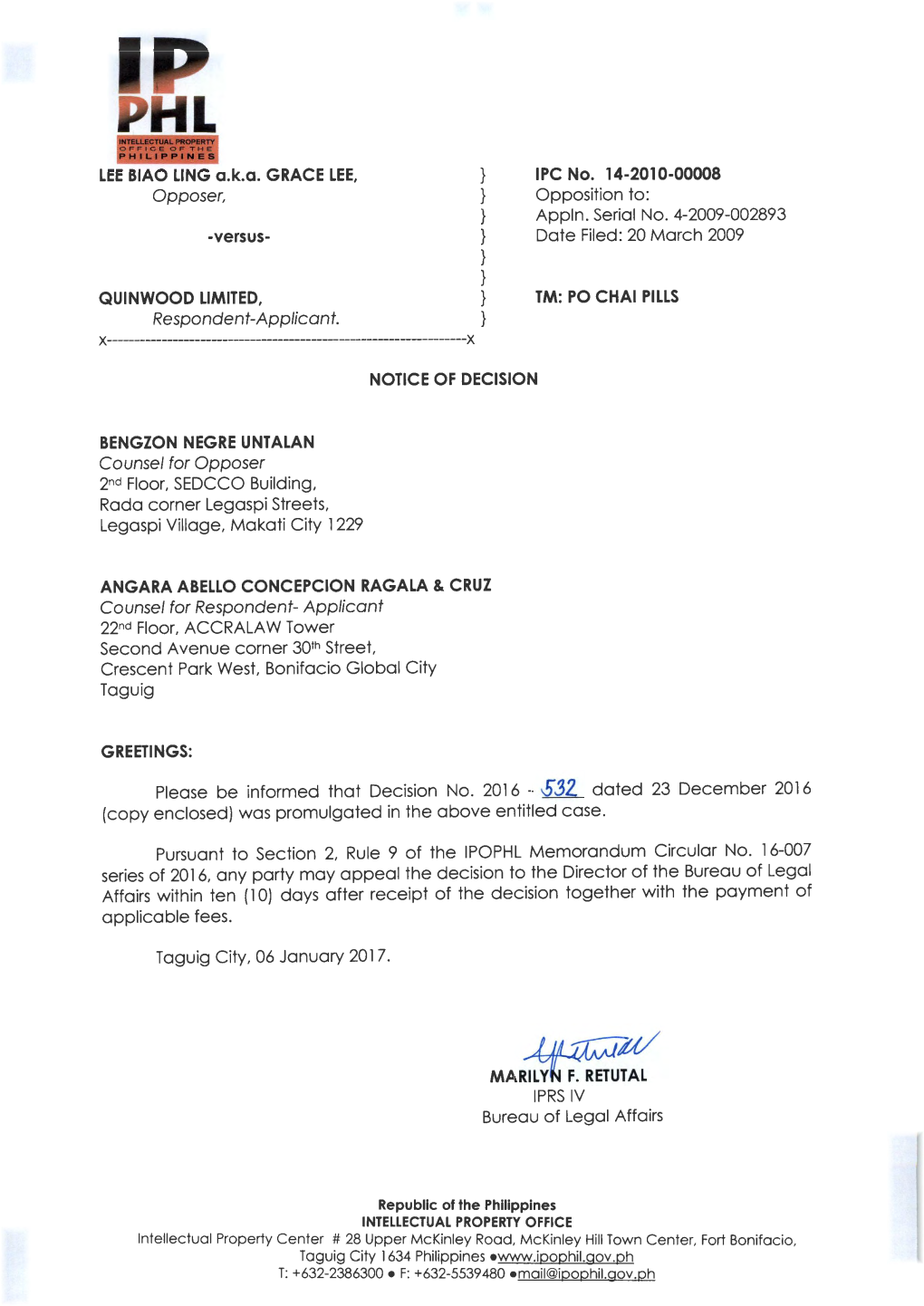 S3Z Dated 23 December 2016 (Copy Enclosed) Was Promulgated in the Above Entitled Case