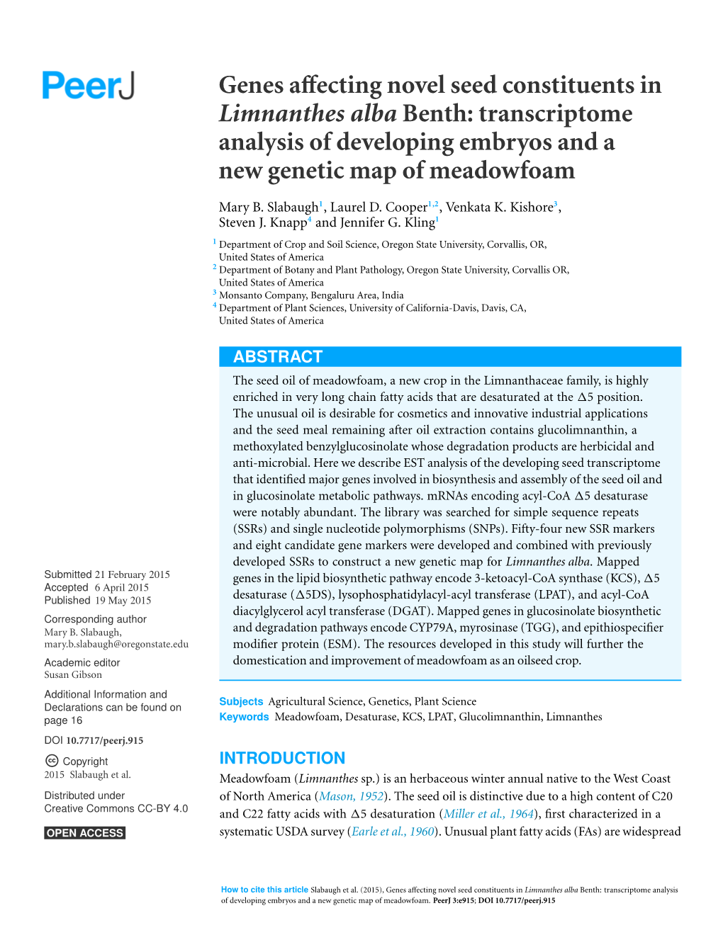 Genes Affecting Novel Seed Constituents in Limnanthes Alba Benth: Transcriptome Analysis of Developing Embryos and a New Genetic Map of Meadowfoam