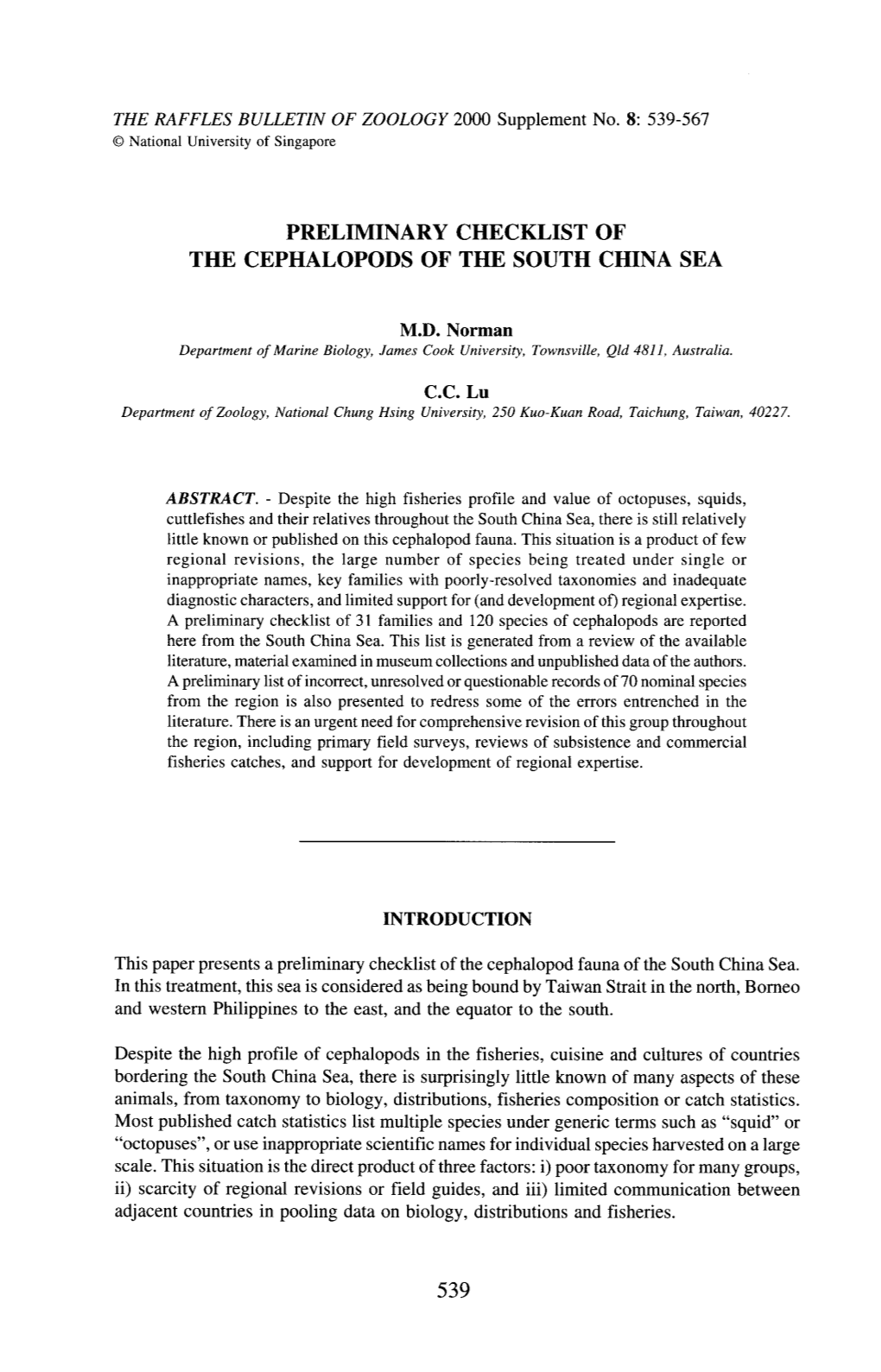 Preliminary Checklist of the Cephalopods of the South China Sea