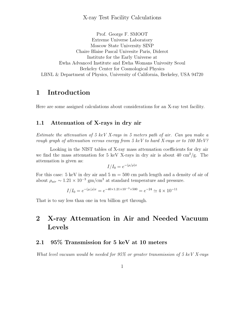 1 Introduction 2 X-Ray Attenuation in Air and Needed Vacuum Levels