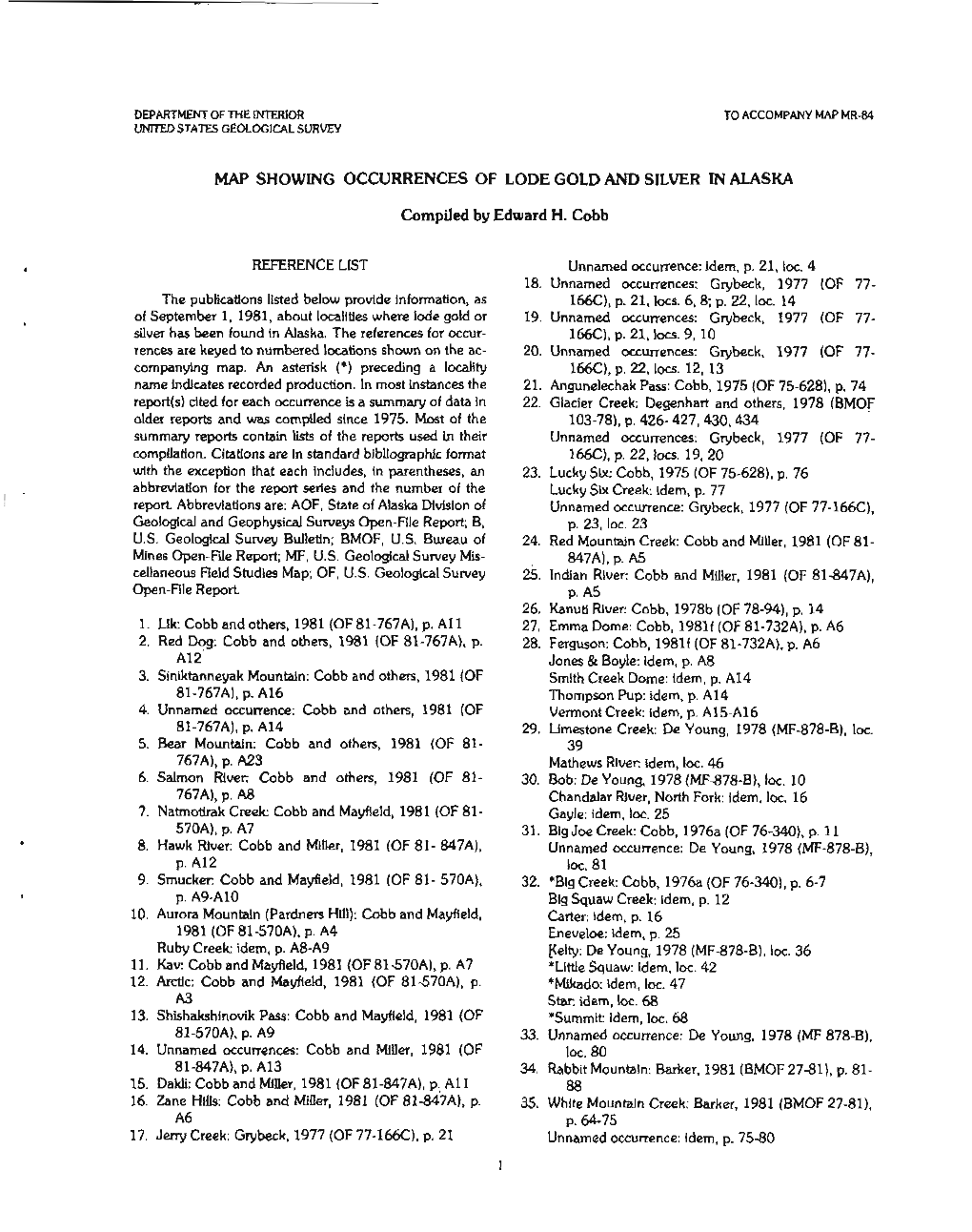 Map Showing Occurrences of Lode Gold and Silver in Alaska