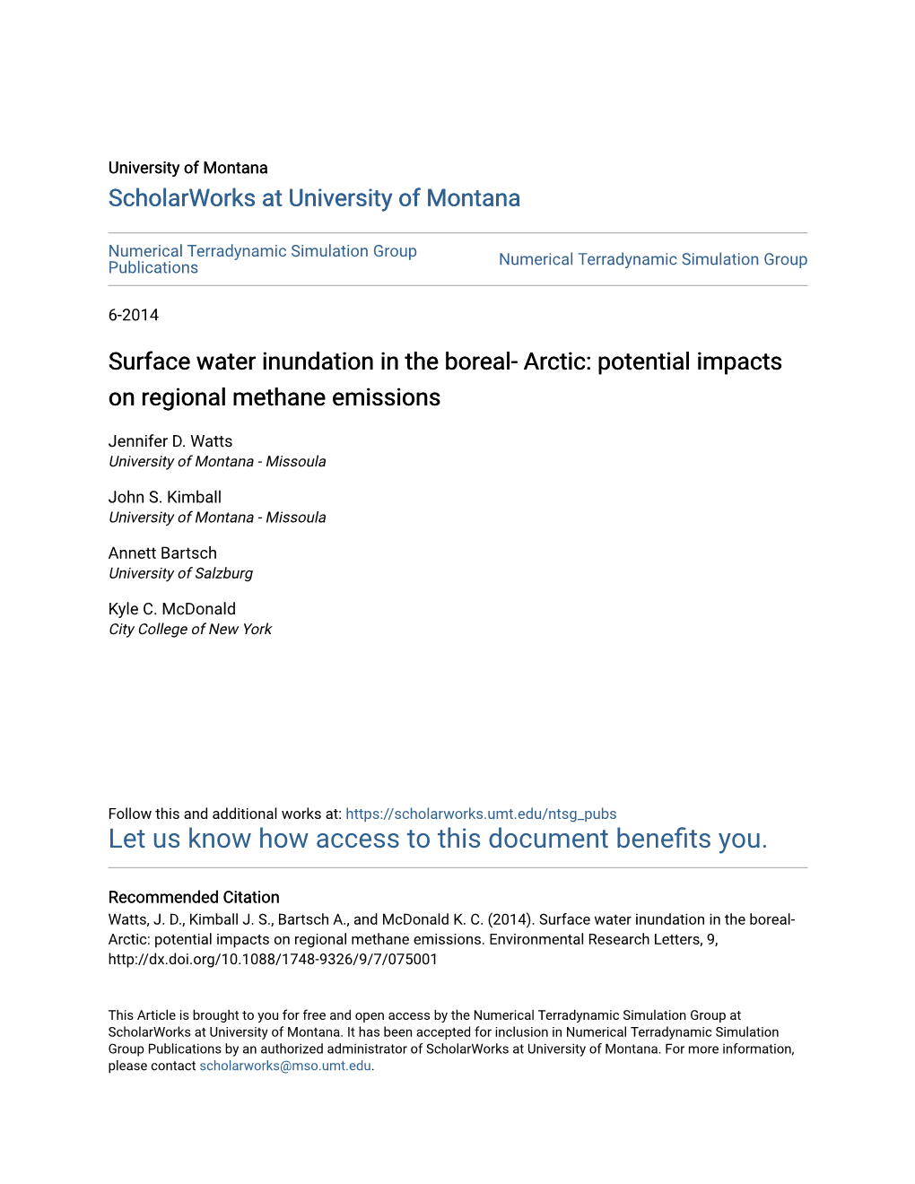 Surface Water Inundation in the Boreal- Arctic: Potential Impacts on Regional Methane Emissions