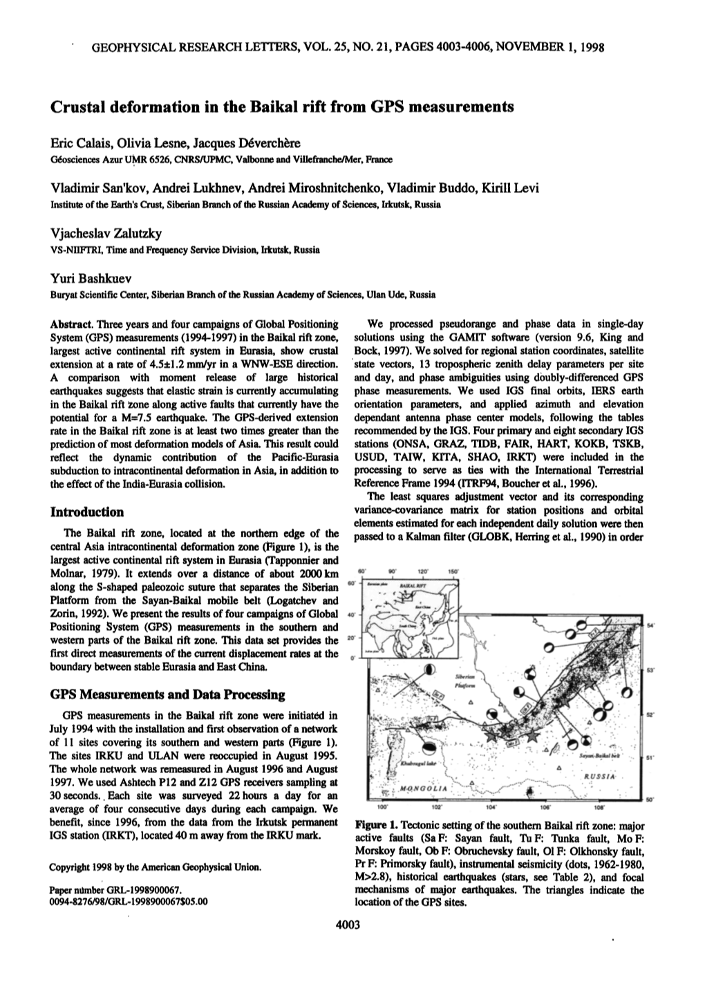 Crustal Deformation in the Baikal Rift from GPS Measurements