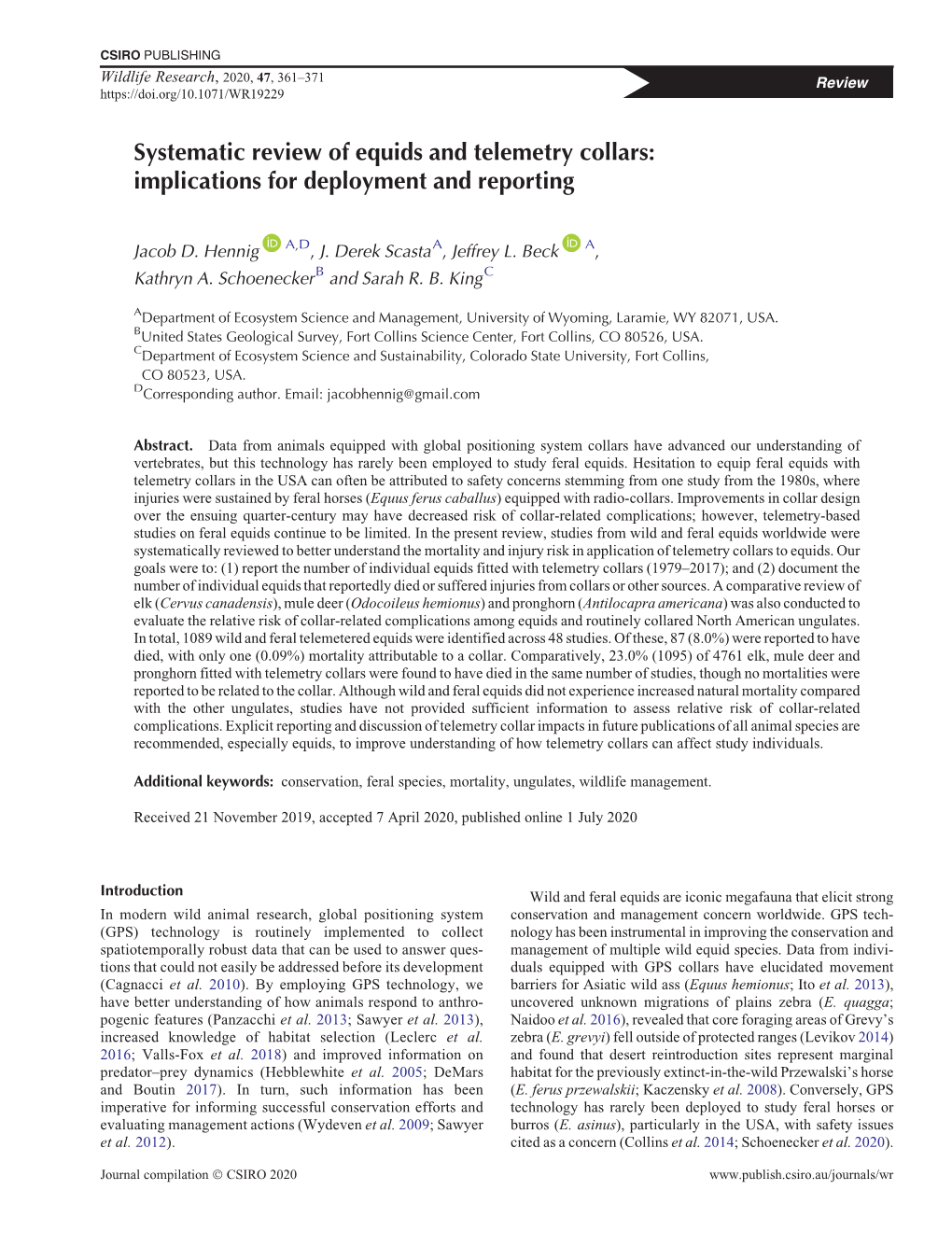 Systematic Review of Equids and Telemetry Collars: Implications for Deployment and Reporting