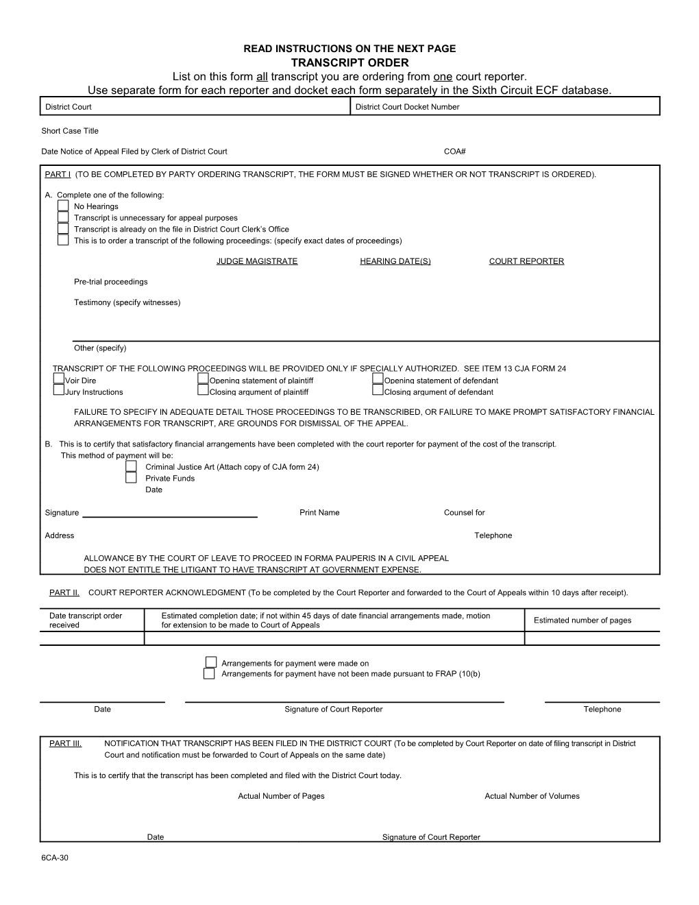 List on This Form All Transcript You Are Ordering from One Court Reporter