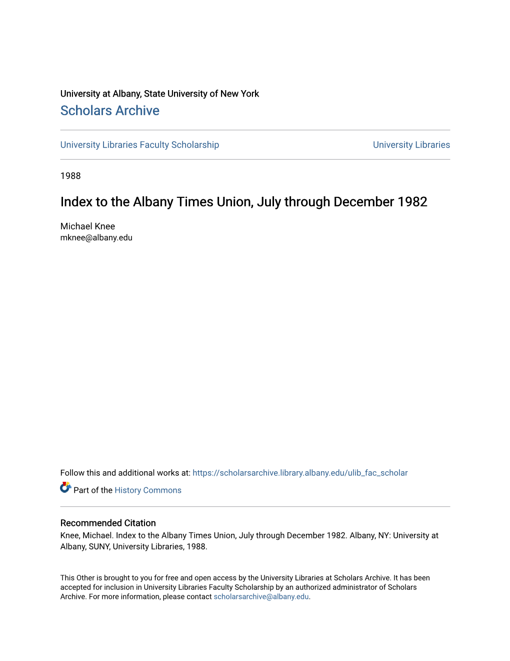 To the Albany Times Union, July Through December 1982