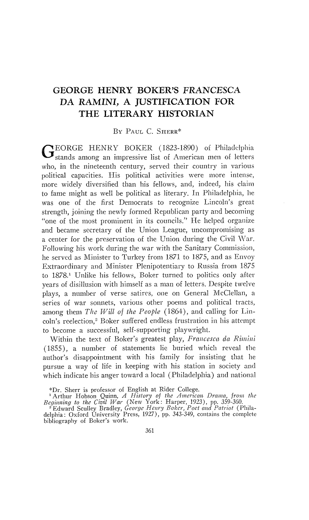 George Henry Boker's Francesca Da Ramini, a Justification for the Literary Historian