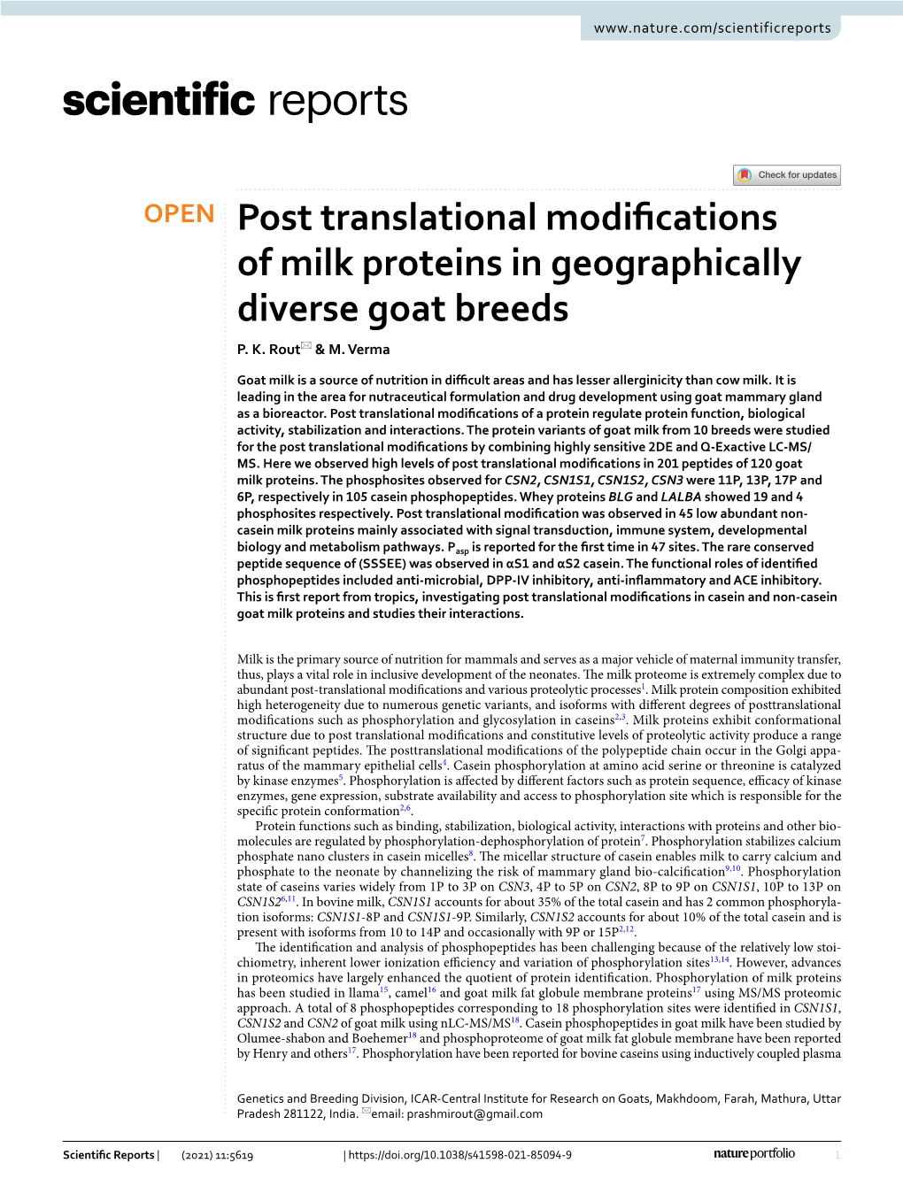 Post Translational Modifications of Milk Proteins in Geographically Diverse