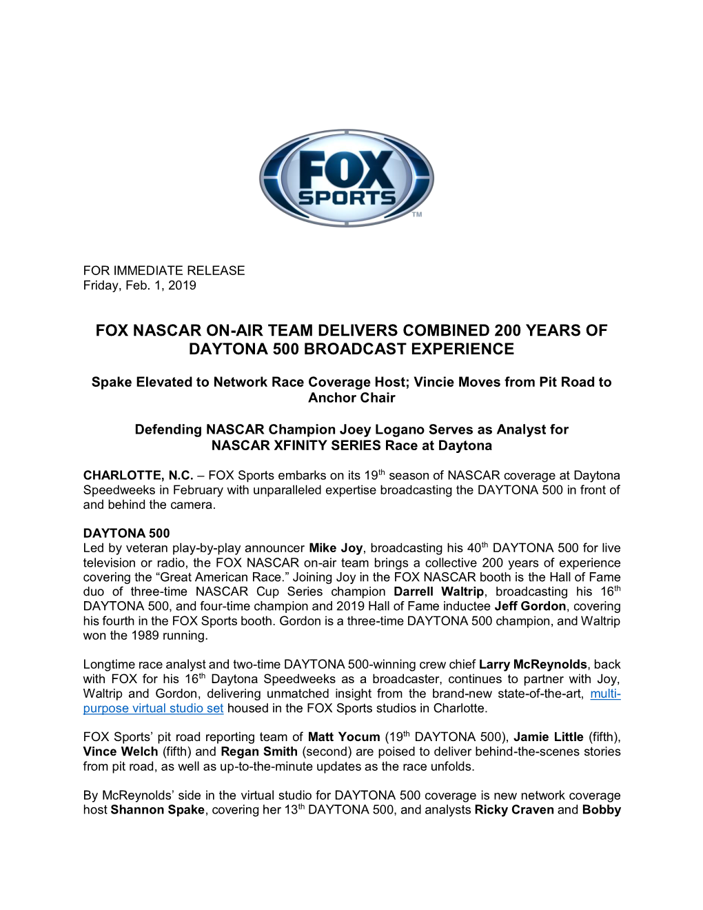 Fox Nascar On-Air Team Delivers Combined 200 Years of Daytona 500 Broadcast Experience