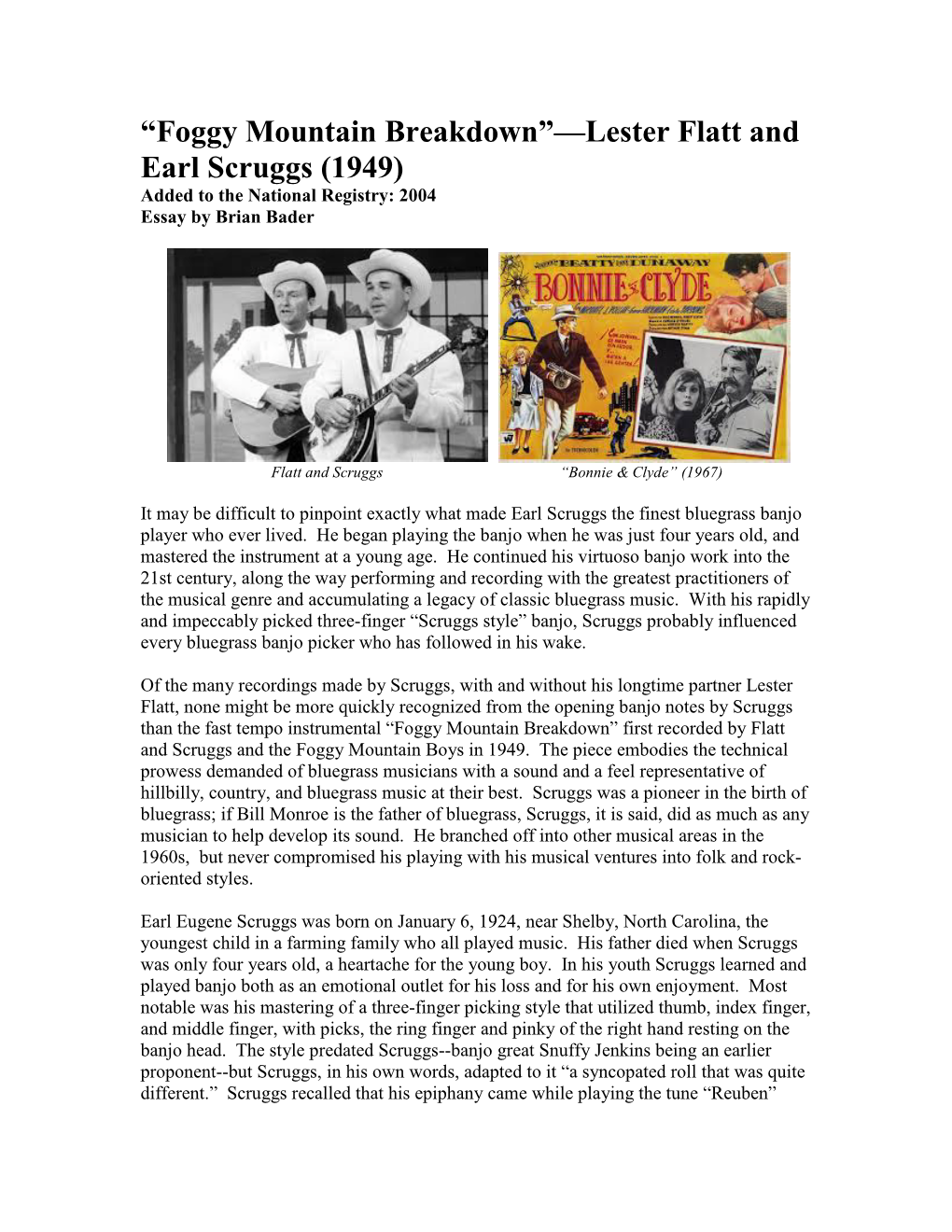 Foggy Mountain Breakdown”—Lester Flatt and Earl Scruggs (1949) Added to the National Registry: 2004 Essay by Brian Bader