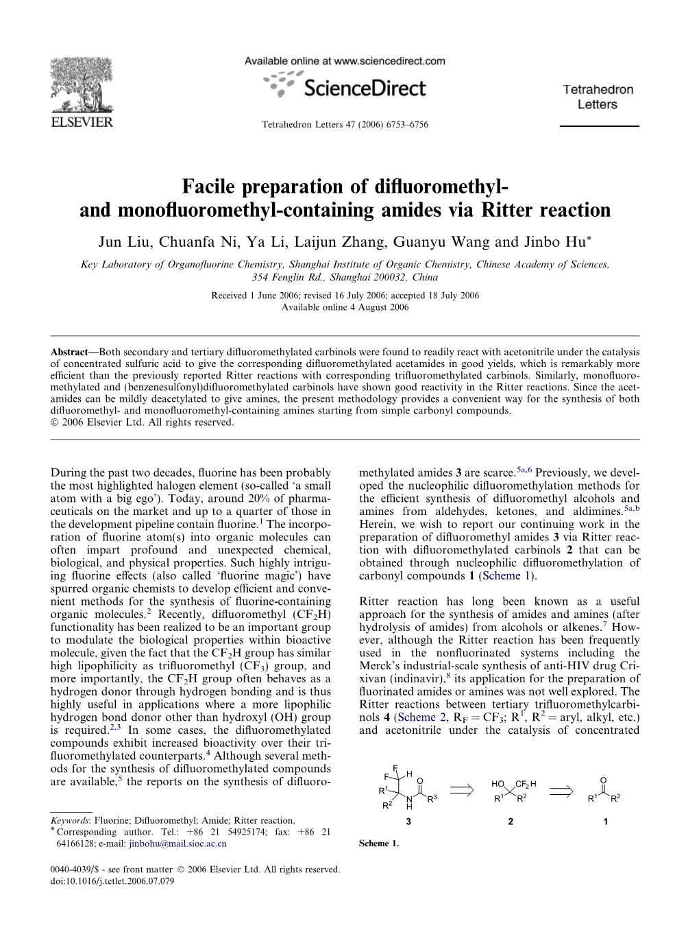 And Monofluoromethyl-Containing Amides Via Ritter Reaction